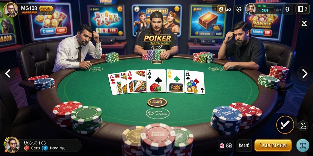 Tampilan gameplay seru dalam MG108 yang menampilkan berbagai mode Poker.