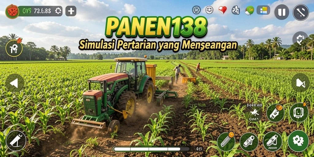 Tangkapan layar utama PANEN138 menampilkan aktivitas bertani yang seru dan dinamis.